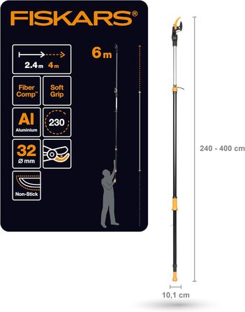 Телескопічний сучкоріз Fiskars UPX86 для свіжих гілок, антиадгезійне покриття, сталева лезо, алюмінієва ручка, 2,4–4 м, чорний/помаранчевий