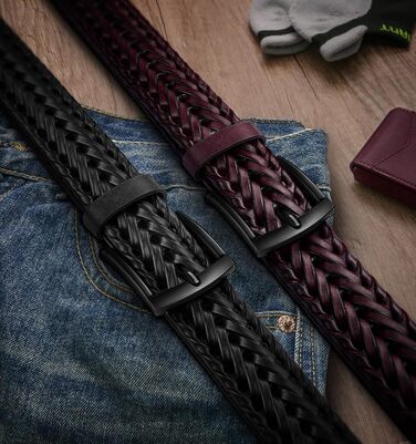 Чоловічі шкіряні ремені BULLIANT (2 шт. в наборі), плетіння, ширина 3,5 см, регульована довжина 120 см (також підійдуть для розміру 36-40), чорний/вишневий