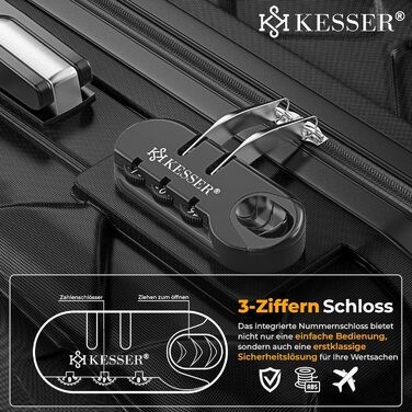 Набір валіз KESSER® 3 шт. | Валізи з ABS-пластику з кодовим замком, вагова валіза та органайзер для подорожей, 360° колеса | Ручна поклажа та великі валізи для бізнесу та подорожей (Чорний)
