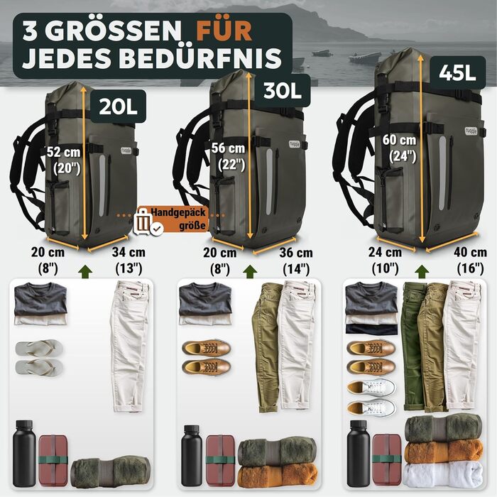 Waterproof Backpack, Versatile, Waterproof Bag, Dry Bag 20/30/45 L, with 3 Outer Pockets, Comfortable, RollTop, Beach, Boat, Kayak, Paddle, Canoe, Hiking, Camping, Fishing, Motorcycle
