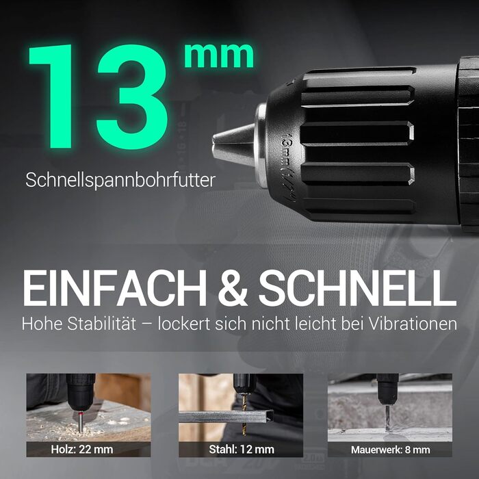 Акумуляторний ударний дриль-шуруповерт DCA 20V, 40 Нм, 13 мм, 22500 уд./хв, 18+1+1, комплект з 14 біт для бетону, металу, дерева