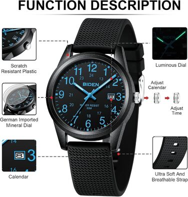 Чоловічий годинник: аналоговий кварцовий годинник з водозахистом 30M, стильний дизайн для чоловіків (R015 - Чорний / Синій)