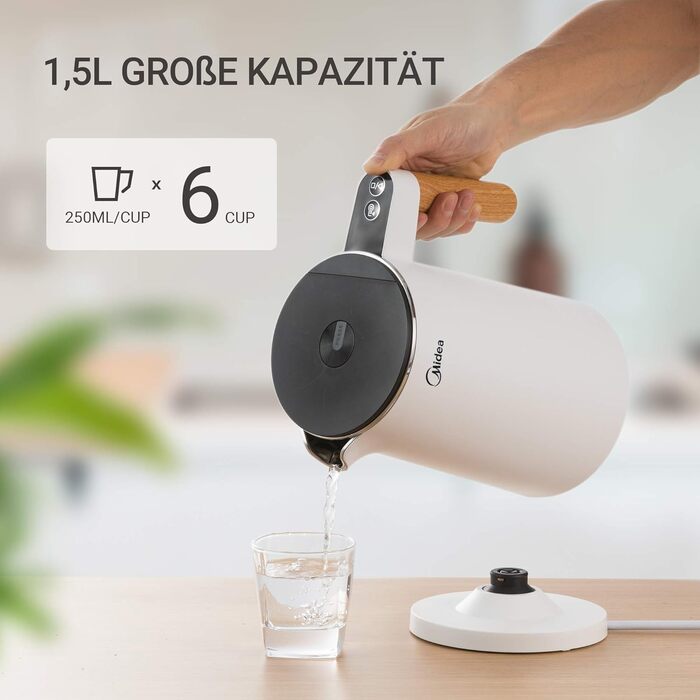 Midea 1.7L Electric Kettle - BPA Free, Rapid Boil, LED Display, 360° Swivel Base, Dry Boil Protection - MKE17M1ADS (Matte White)