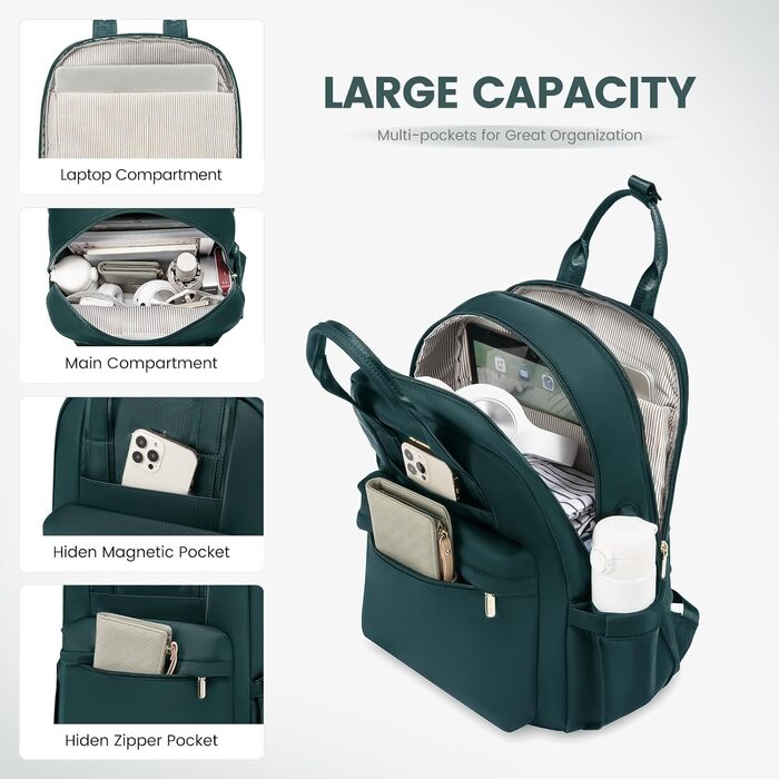 LOVEVOOK Рюкзак для жінок великий, рюкзак для школи з відділом для ноутбука, стильний рюкзак для подорожей, щоденний рюкзак ручної поклажі для університету, офісу, роботи, чорний (17.3 дюйми, темно-зелений)