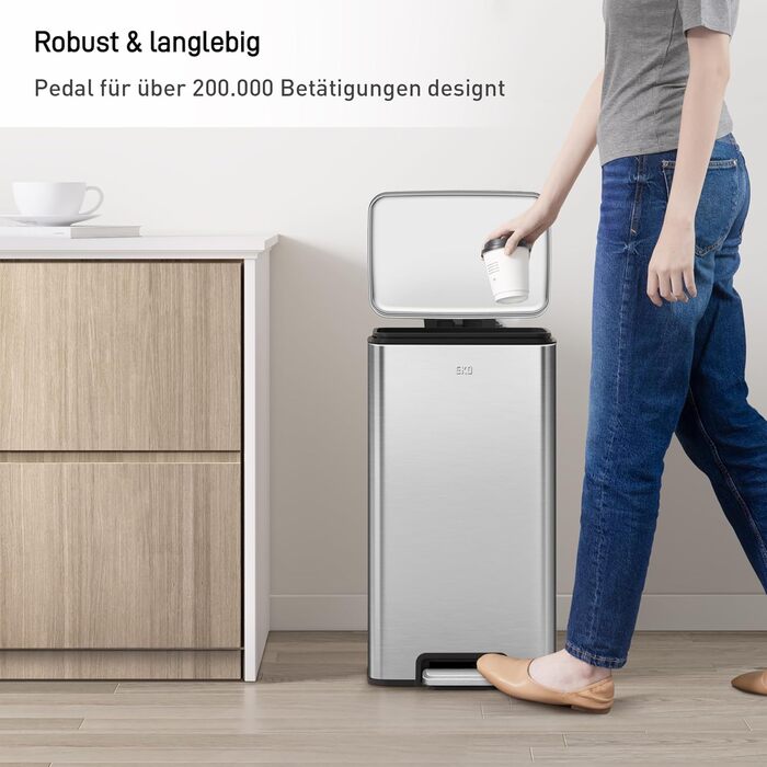 Відро для сміття EKO Madison 30л з м'яким закриттям кришки, нержавіюча сталь, знімний внутрішній відерце, стійке до відбитків пальців, з 20 мішками для сміття 30л