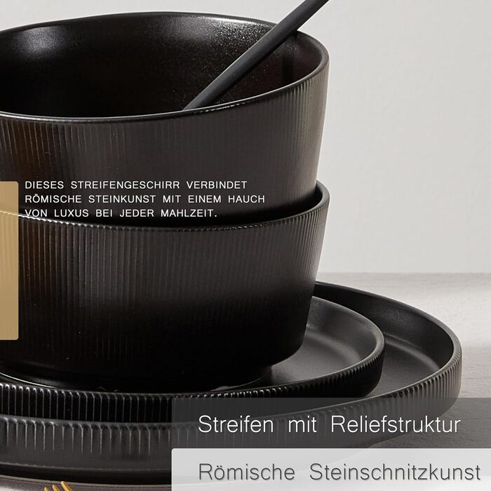 Набір посуду Jiwoo на 4 особи (12 предметів): тарілки, миски, десертні тарілки, Bone China, чорний матовий, для мікрохвильовки та посудомийної машини