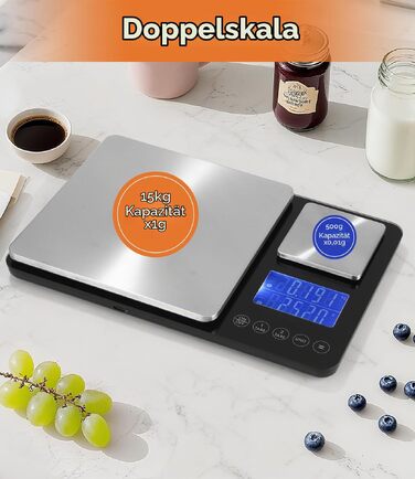 Цифрові кухонні ваги з подвійною платформою Doppelplattform (10кг/1г та 500г/0.01г), нержавіюча сталь, USB-зарядка, функція тари, LCD-дисплей