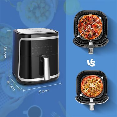 Aigostar Cube - 7L XXL Hot Air Fryer, 1900W Air Fryer, 7 Programs, Keep Warm, 20 Recipes, Oil-Free, for 6-10 People, Air Fryer with Digital LED Touchscreen, Black