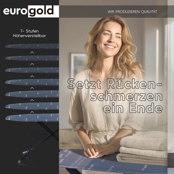 Прасувальна дошка EUROGOLD® XXL 130x48 см з турбочохлом та дощечкою для рукавів - для парогенераторів (Виготовлено в Європі) - з розеткою - стабільна та регульована по висоті, блакитна
