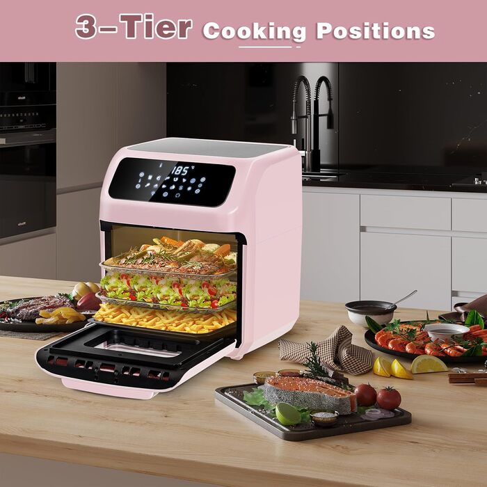 LLIVEKIT Convection Oven 12 L, 12-in-1 Digital Air Fryer for Family, 360° Hot Air Circulation, Mini Oven, Oil-Free Dehydrator, 90 Min. Timer, Cookbook & 6 Accessories, 1800 W 12L Pink
