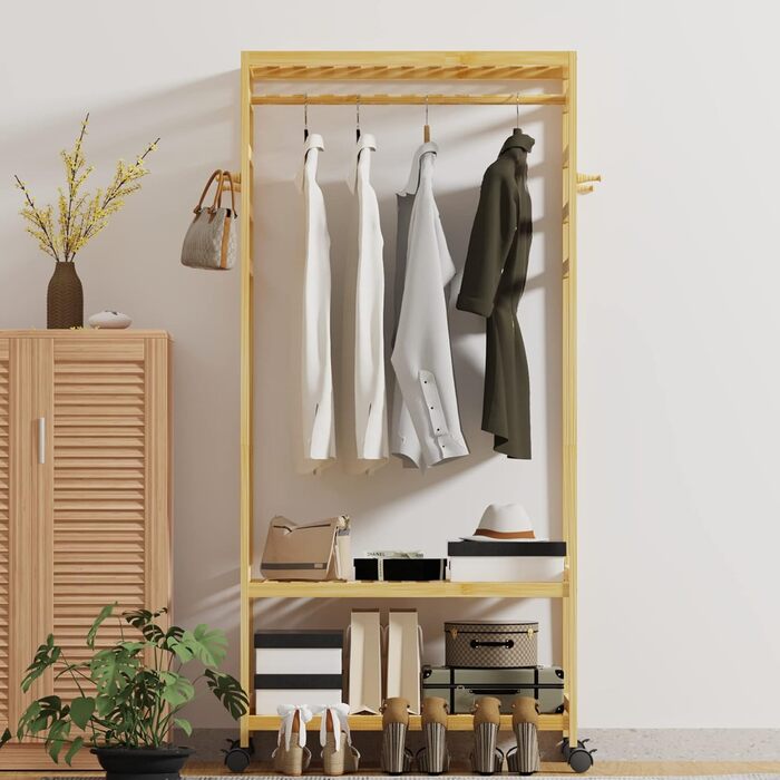 Bamboo Coat Rack, Clothes Rack with 3 Shelves and 10 Hooks, Laundry Rack with Clothes Rod, for Entryway, Living Room and Office, 80x43.5x165cm (Natural3)