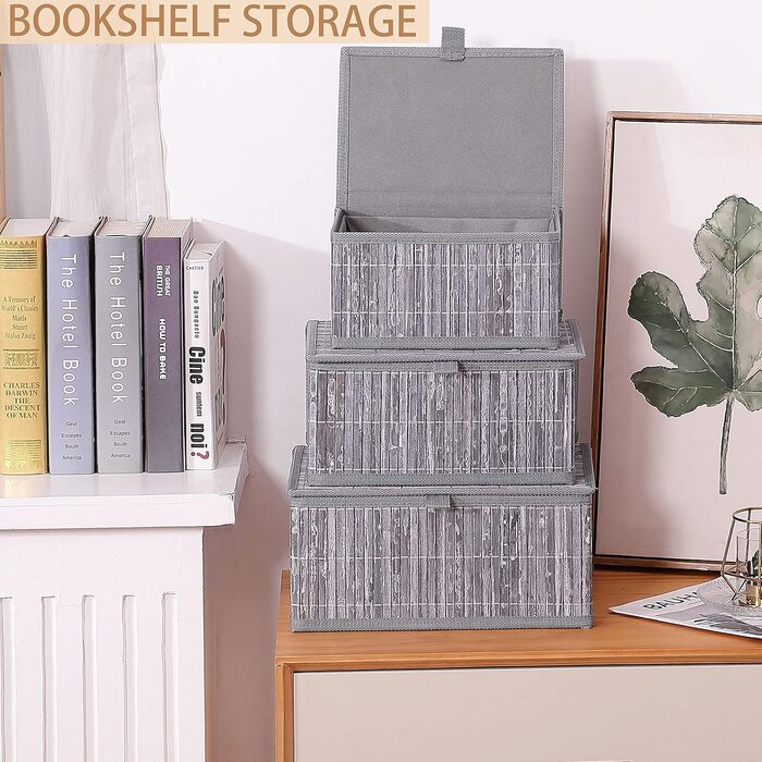 Honeycomb Storage Basket with Lid, Woven - Bamboo Decor Storage Boxes, Set of 3 Rattan Basket with Lid Woven Fabric Insert for Bathroom Kitchen Shelf Organization (Large/Medium/Small) (Gray Marble)