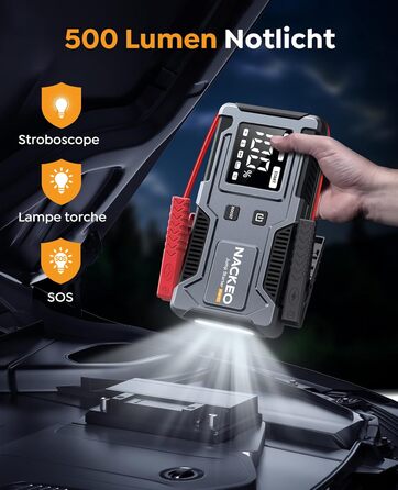 Powerbank Starthilfe 6000A: Зарядний пристрій для автомобіля 12V з кабелем, LED-лампа та дисплеєм (до 9L бензин, 7L дизель) - для SUV, мотоциклів, газонокосарок