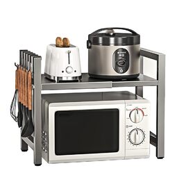 Настільний органайзер для мікрохвильової печі з 6 гачками, регульована висота та ширина, металевий, для кухні, спецій та кухонного приладдя