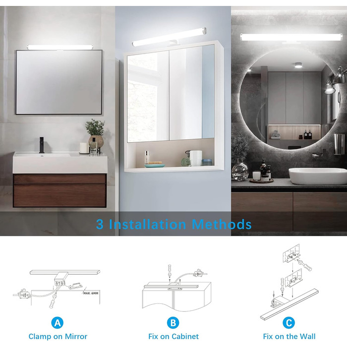 Azhien LED Mirror Light Bathroom 10W 820LM Neutral White 4000K, Slim 14mm Width 3in1 Mounting IP44 230V Wall Light Mirror Lamp 600mm, Flicker-Free Bathroom Cabinet Mirror Lights (40cm)