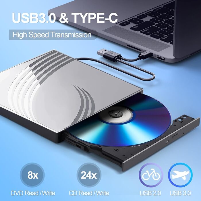 Зовнішній CD/DVD-RW привід USB 3.0, ультратонкий DVD-плеєр для ноутбука з 4 USB-портами, картридером SD/TF та роз'ємом Type-C, сумісний з Windows, macOS, Linux
