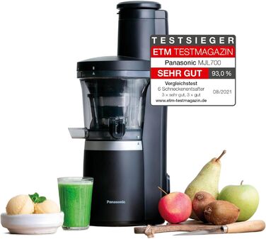 Panasonic Slow Juicer MJ-L700KXE, electric fruit press, juicing whole fruits and vegetables, 75mm opening, sleek design, safe and practical, Black, Matte Black Single
