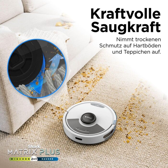 Робот-пилосос Shark Matrix Plus 2-в-1 з функцією миття та станцією самоочищення, самостійно спорожняється, для шерсті тварин, килимів та твердих підлог, 14,5 см (автоматичне спорожнення, білий)