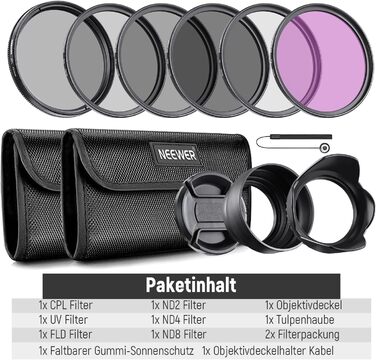 Набір фільтрів NEEWER 55mm ND2 ND4 ND8 UV FLD CPL: Фільтри для об'єктива з кришкою та блендою