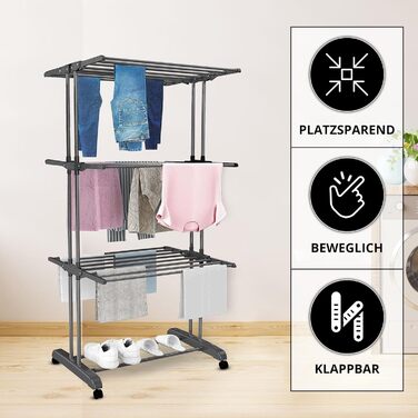 Воніа - багаторівнева сушилка для білизни на колесах, білий металевий стійка, 3 яруси, 6 відкидних крил, 72 x 50 x 172 см, економна, мобільна та стабільна для внутрішнього та зовнішнього використання