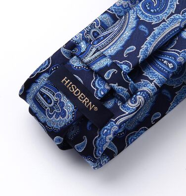 Краватка чоловіча HISDERN 160 см, з кишеньковим хустинкою, для весілля та бізнесу, шовкова, елегантна, синій візерунок Paisley