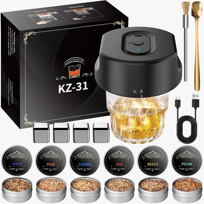 Набір для димування віскі Anusuwa - набір для коктейлів з 6 дерев'яними стружками та 4 камінням для віскі. Ідеальний подарунок для чоловіків на день народження, Різдво, ювілей (без бутану)