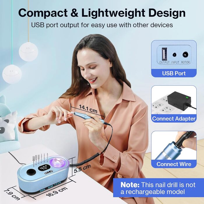 Електрична шліфувальна машинка для нігтів, професійна, 40000 об/хв, LCD манікюр/педикюр, набір з багатофункціональною базою, портативна, з підсвічуванням, сенсорне керування (Світло-блакитний)