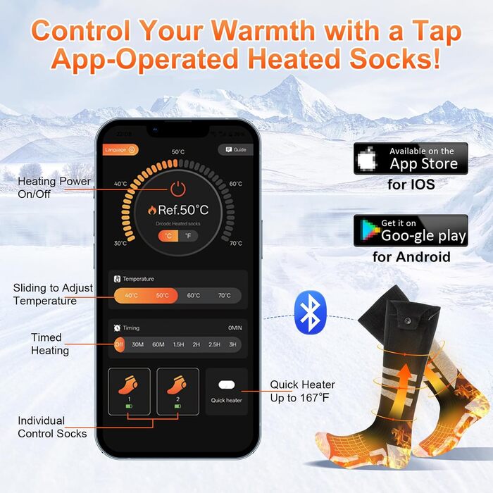 Гріючі шкарпетки для жінок та чоловіків, 5000/8500mAh з додатком, повна підошва, акумуляторні, миючі, 4 режими нагріву, для зимового кемпінгу, полювання, риболовлі, їзди на конях, катання на лижах, розмір M