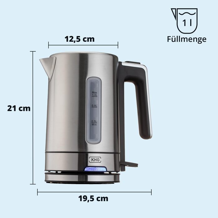 Набір для сніданку KHG: чайник та тостер, нержавіюча сталь, сріблястий, об'єм 1 л, 2 слоти, точний вилив, поворотний на 360°, 6 рівнів підсмажування, функції підігріву, розморожування та для багелів, з підспівачем для крихт