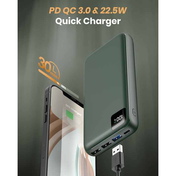 Power Bank Bilivein 27000mAh з LED дисплеєм: швидка зарядка 22,5W, PD/QC, USB-C, для телефонів та планшетів (зелений)