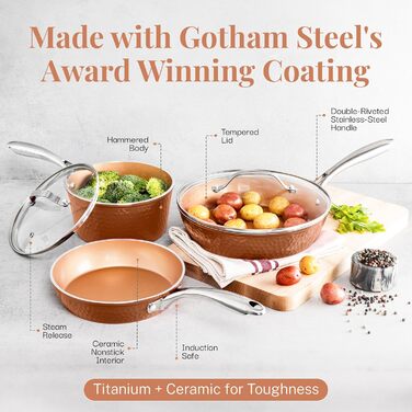 Сковорода Gotham Steel 12 дюймів з антипригарним покриттям та кришкою, Hammered Copper Collection, преміум-алюмінію, нержавіючі ручки, індукційна плита, 30,5 см