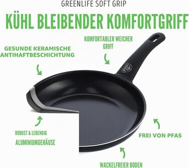 Набір посуду GreenLife Soft Grip з керамічним антипригарним покриттям, 16 предметів (сковорода, сотейник, каструлі), без PFAS, підходить для посудомийки та духовки, чорний