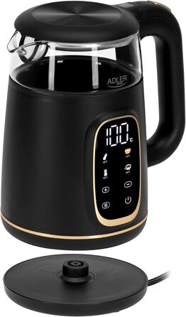 Електричний чайник Adler з регулюванням температури 2200W, 1.7L з LED-дисплеєм та сенсорною панеллю, 5 температурних програм, функція підтримання тепла, фільтр, чорний, золотий
