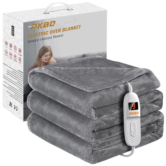 Електрична ковдра з підігрівом 190x130 см, фланель, 9 рівнів нагріву, автовимкнення, захист від перегріву, пральна, сіра