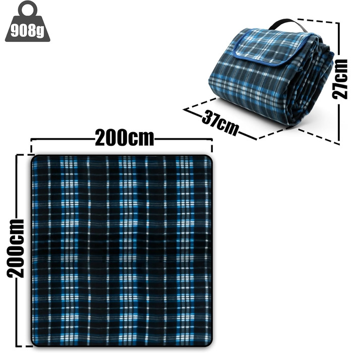 Плед для пікніка BigDean 200x200 см водонепроникний, клітинка, темно-синій – великий плед для пляжу, саду, парку