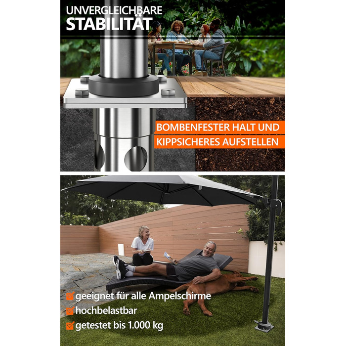 4smile Base Sleeve Parasol - Stainless Steel Parasol Anchor for Gazebo Umbrella with Base Plate for Embedding, Timeless Quality - Universal Parasol Stand for Gazebo Umbrella, Loadable with > 1,000 kg