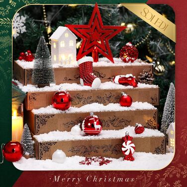 Набір ялинкових прикрас SOLEDI® 128 шт. Преміум якість, червоно-білі пластикові кулі з зіркою та верхівкою - міцний та безпечний набір з петельками. Ялинкові кулі різних кольорів, багаторазовий декор для Різдва.