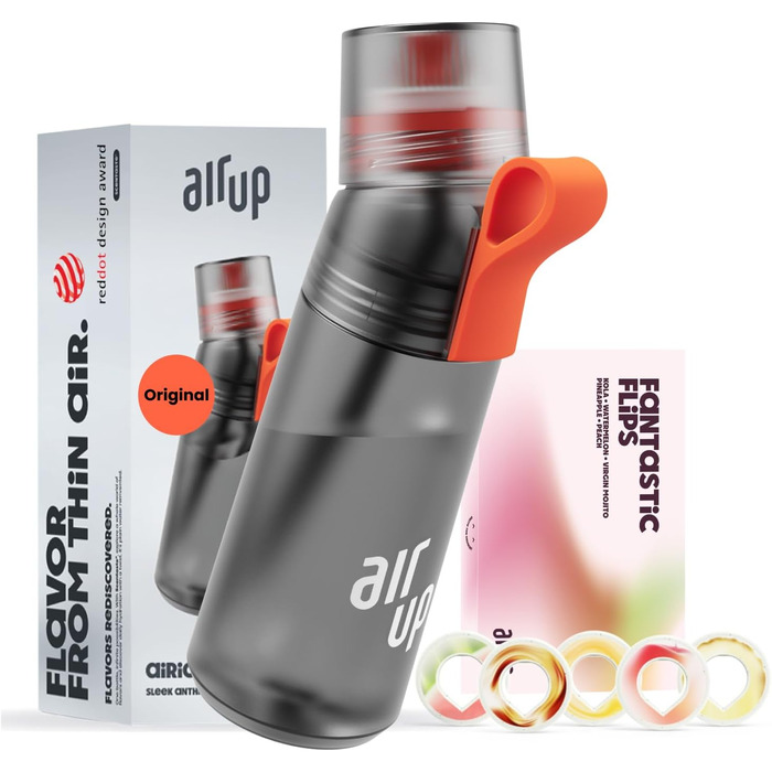 air up® Drinking Bottle (600 ml) for School, Sports, Gym | Includes 5 sugar-free scent pods & straw | Water bottle in grey with flavor - also for kids, boys, girls | AMZN Flair
