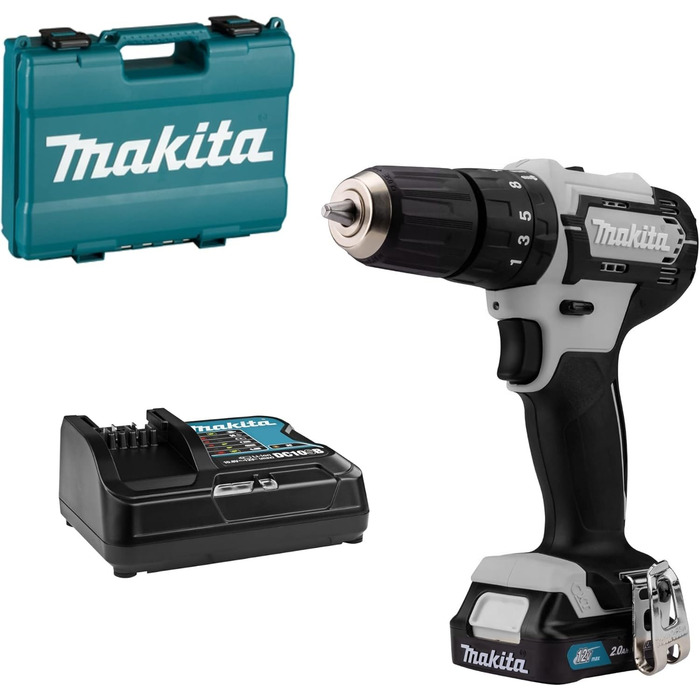 Акумуляторний дриль-шуруповерт Makita HP333DSAX1 12V, 2.0 Ah, 2 акумулятори + зарядний пристрій у транспортному кейсі (білий)