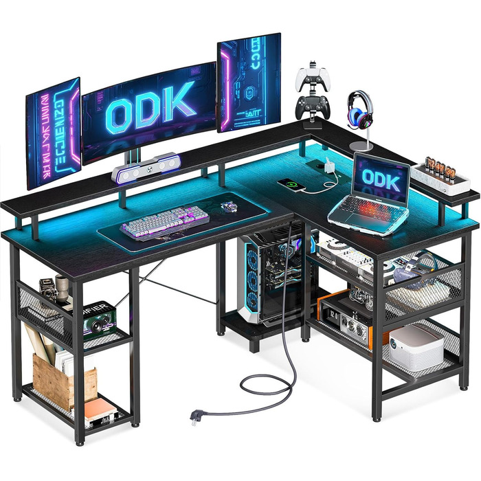 Ігровий стіл ODK з LED-підсвіткою, реверсивний, з 2 розетками та 2 USB-портами, кутовий, з сітчастою полицею, чорний, 150×102 см