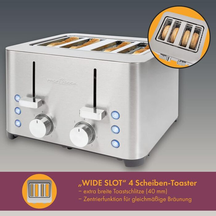 ProfiCook® Toaster | 4-Slice Toaster | Stainless Steel Housing | 1500 Watts | Wide Slot | Bagel Attachment (removable) | 7 Adjustable Browning Levels | Crumb Tray | Cord Retraction | PC-TA 1252 PC-TA 1252 inox