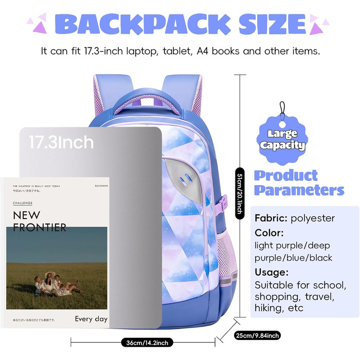 Шкільний рюкзак для підлітків 46L, рюкзак для школи, гімназії, старшої школи з нагрудною стрічкою, світловідбиваючими елементами, відділенням для 17.3' ноутбука, міцний, повсякденний, модель 5255 (Світло-блакитний)