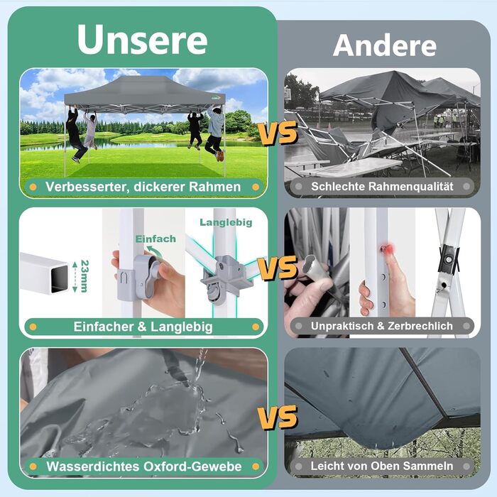 COBIZI Pavilion 3x3m Foldable, Waterproof & Winterproof – Stable Garden Tent with 23mm Steel Pipe, UV50+ and Mosquito Nets for Camping/Parties + Carry Bag (Gray, 3mx4.5m)