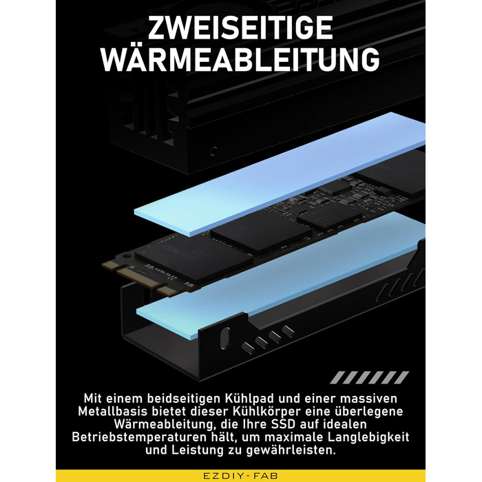 Радіатор охолодження M.2 SSD EZDIY-FAB з вбудованим 20mm PWM вентилятором, преміум-алюмінієвий дизайн, високопродуктивний кулер для M.2 2280 - Чорний - 1 шт.