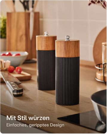 Набір для перцю та солі Praknu з дерев'яної акації з керамічним жорном - регулювання ступеня помолу, довговічний - дерев'яні млини для спецій - набір млинів для солі та перцю, чорний (маленький)