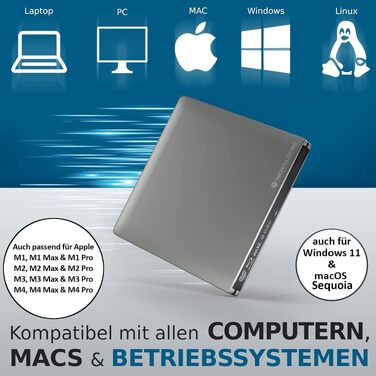 Зовнішній Blu-ray привід techPulse120 USB 3.1 Type-C M-Disc BDXL записувач та плеєр CD/DVD/BD Slim для PC, Notebook, Mac OS, MacBook Pro/Air, алюміній, срібло