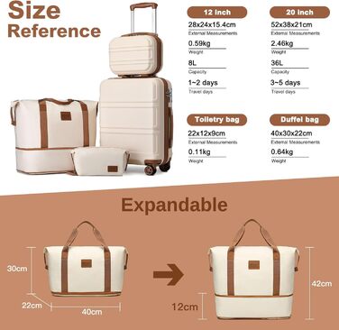 Набір валіз KONO 4 в 1: велика валіза, ручна поклажа 55 см, косметичка та сумка для подорожей (кремово-білий)