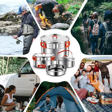 Набір кухонного посуду для кемпінгу з нержавіючої сталі 304, для 2-4 особи, похідний посуд для кемпінгу, пікніків та відпочинку на природі