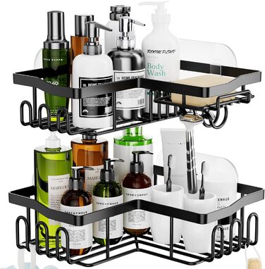 Дзеркальна поличка для душу HapiRm без свердління - органайзер для ванної кімнати та кухні з 11 гачками, мильниця, тримач для бритви, кріплення на присосках, 3 наклейки
