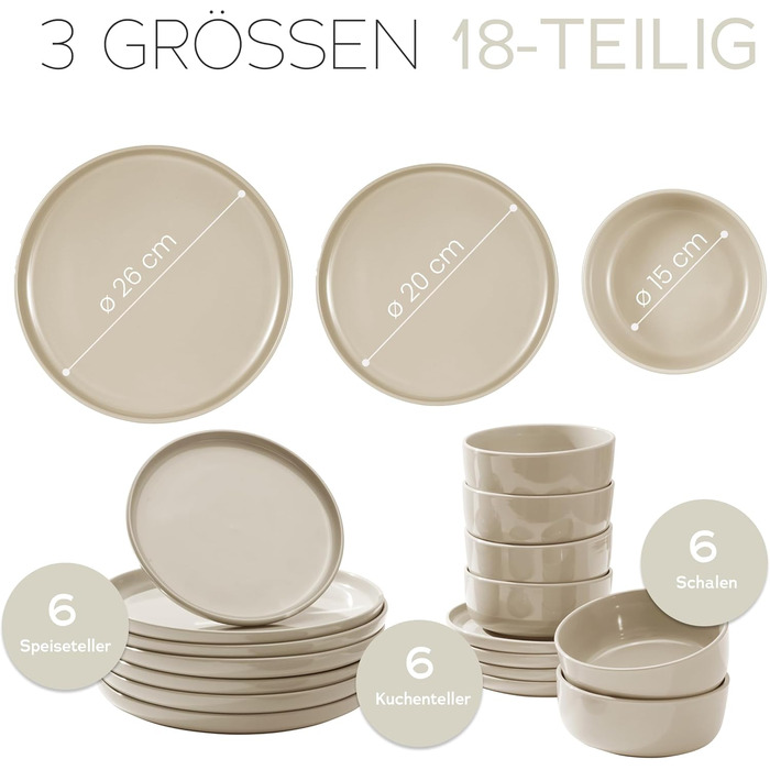 Набір посуду Feinsteinzeug на 6 осіб (18 предметів) — міцний та стійкий до подряпин, бежевий глянцевий | Тарілки, тарілки для десерту та миски | Magnetiks Soft Pebble | 18 предметів
